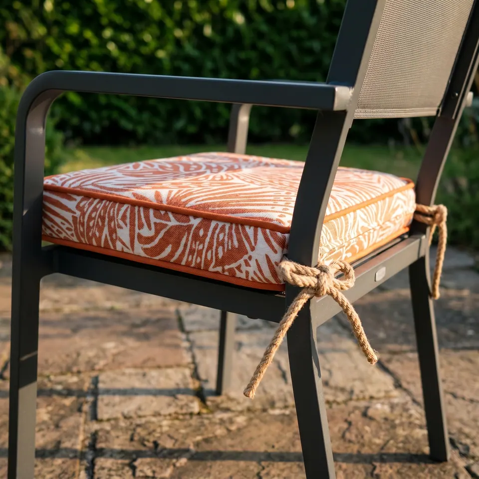 Burnt orange and white palm-leaf box chair pad with orange piping, tied with jute rope bows to a charcoal patio armchair