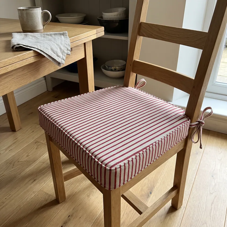 Red and cream pencil-stripe box cushion with self piping and a bow tie on an oak ladder-back chair by a crockery dresser