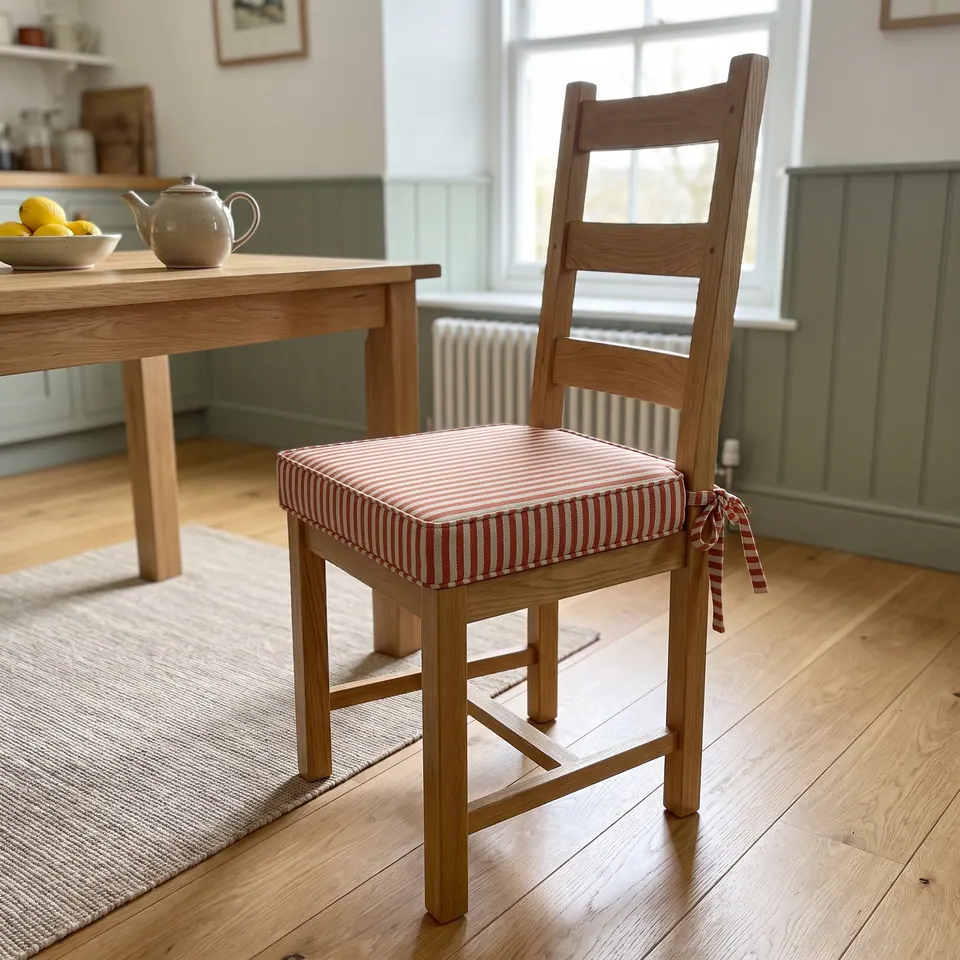 Rust and white striped seat cushion with matching striped ties on an oak ladder-back chair in a sage-paneled cottage kitchen