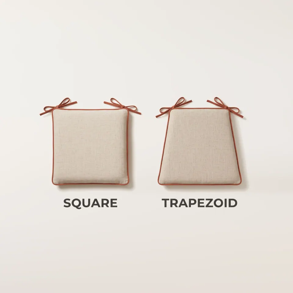 Diagram comparing a square and a trapezoid oatmeal chair pad with terracotta piping and back-corner ties, labeled by shape