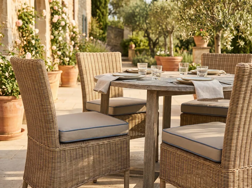 Taupe outdoor seat pads with slate blue piping on wicker dining chairs around a round oak table in a rose garden