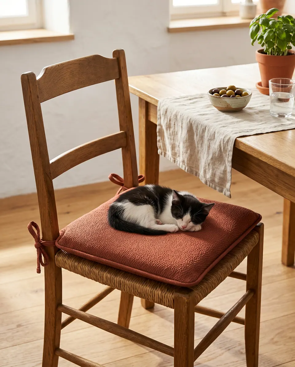 Terracotta textured tie-on chair pad with self piping on a rush-seat oak chair, black and white kitten asleep on it