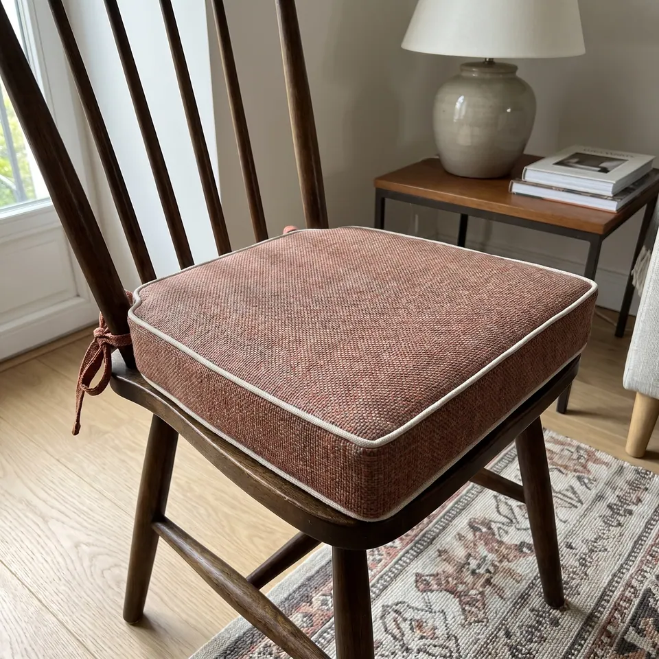 Terracotta woven seat cushion with ivory piping tied to a dark spindle-back chair beside a stoneware lamp and vintage rug