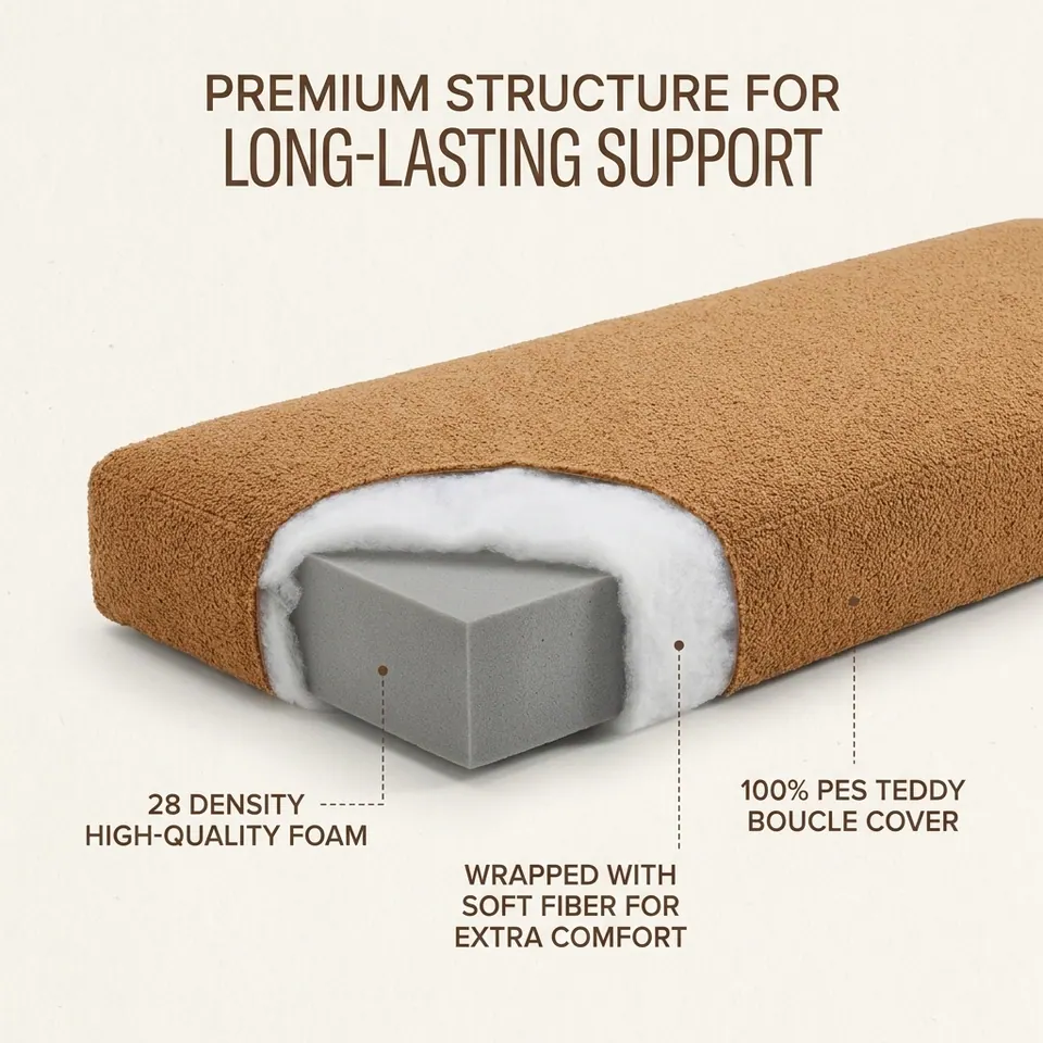 Cutaway diagram of a caramel bouclé bench cushion showing gray foam core, white fiber wrap and outer cover
