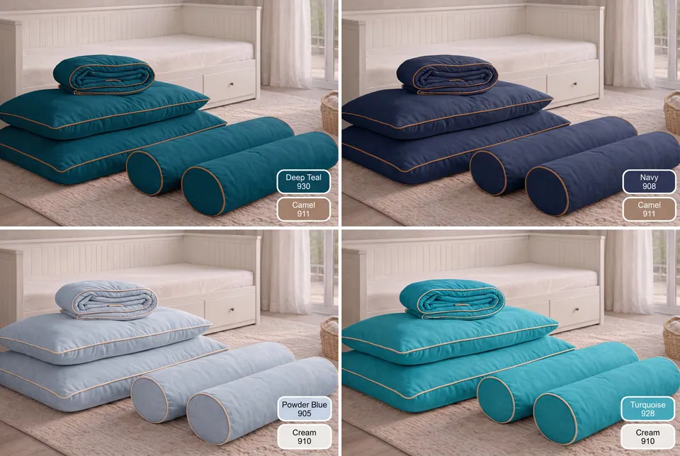 Color grid of a Hemnes daybed set in deep teal, navy, powder blue and turquoise linen-look fabric with camel or cream piping