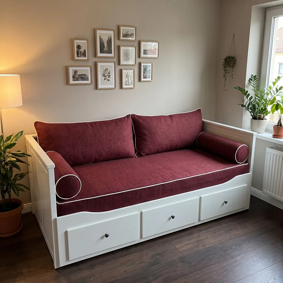 Burgundy linen-look Hemnes daybed covers with ivory piping below a gallery wall of oak frames, lamp and plants beside