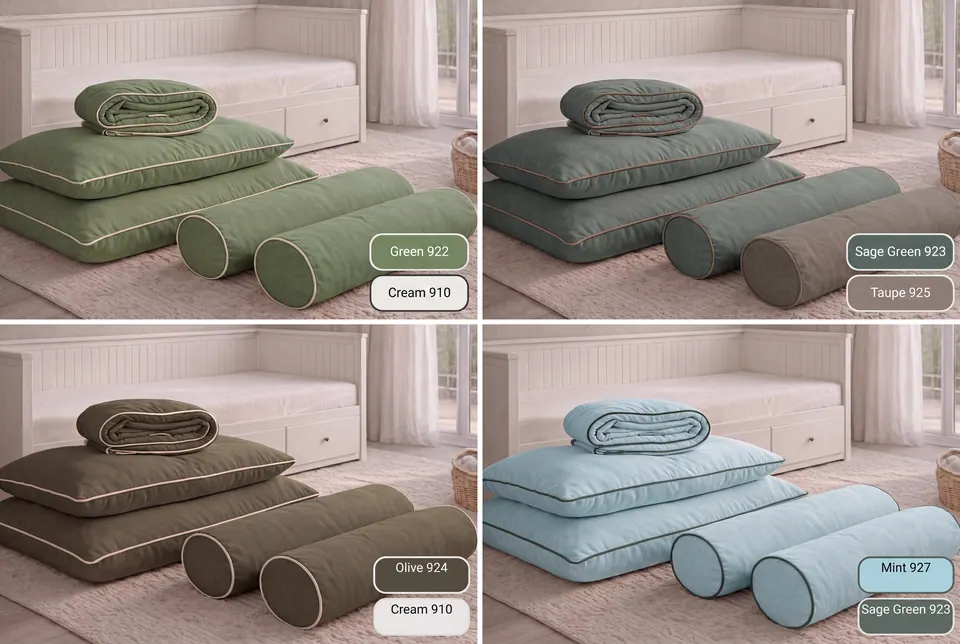 Hemnes daybed set color grid in green, sage, olive and mint linen-look fabric with cream, taupe or sage piping