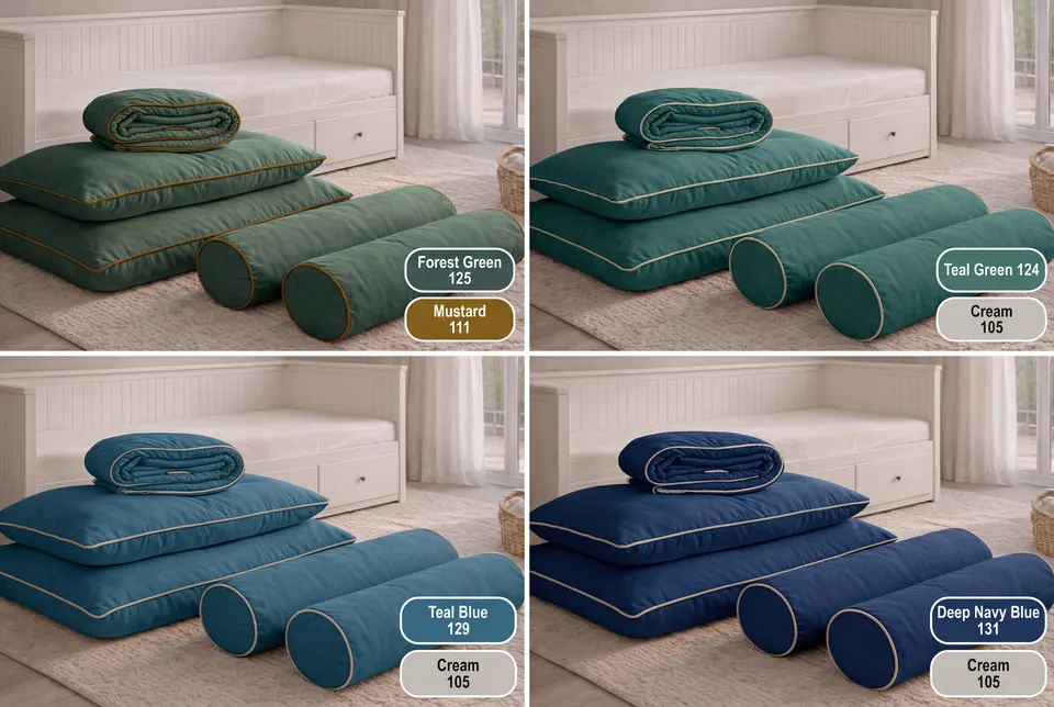 Grid of Hemnes daybed sets in forest green, teal green, teal blue and deep navy velvet with mustard or cream piping