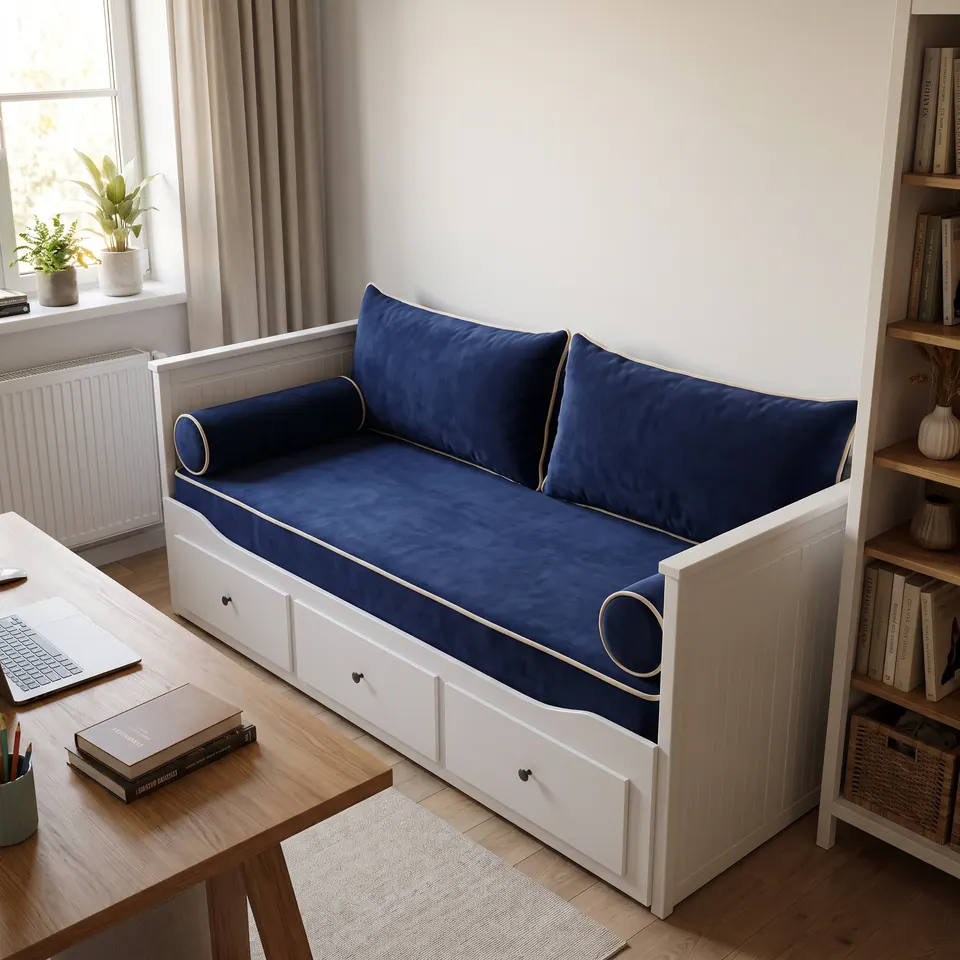 Navy velvet Hemnes daybed covers edged in cream piping in a home office with an oak desk, laptop and pine shelving