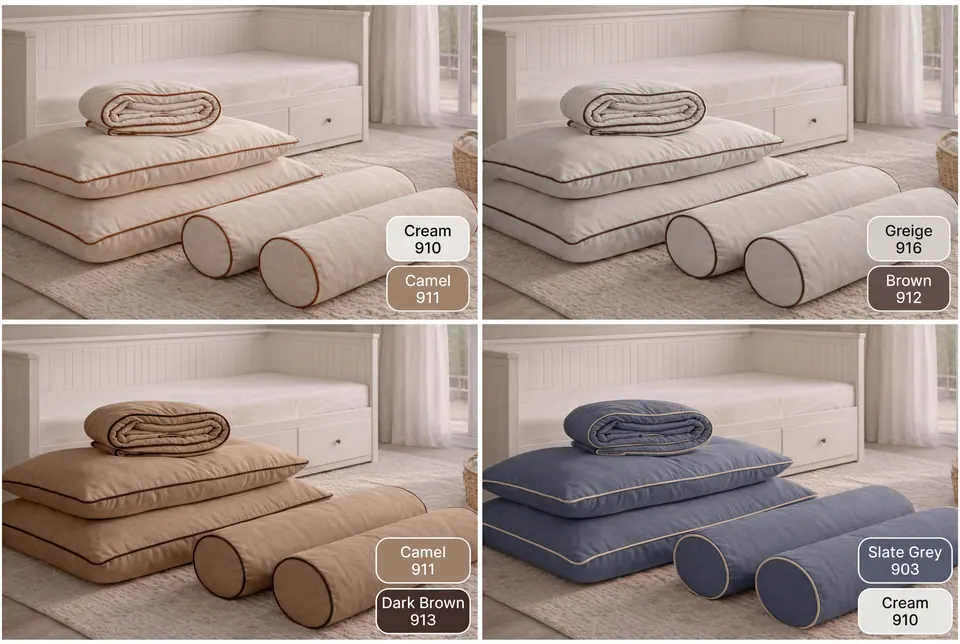Hemnes daybed set color grid in cream, greige, camel and slate gray linen-look fabric, each with darker or lighter piping