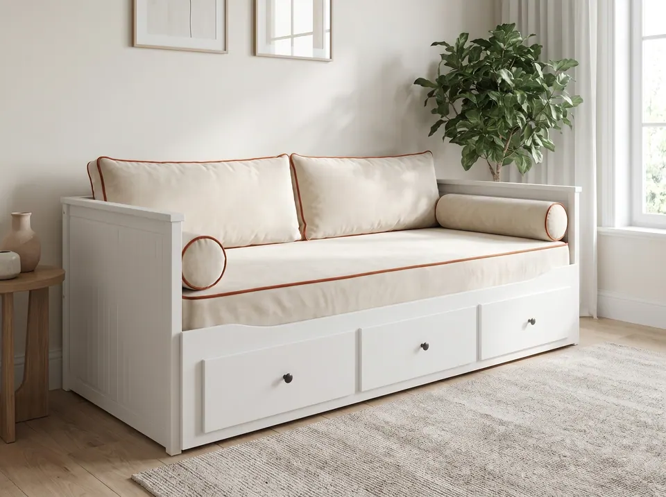 White Hemnes daybed with cream velvet mattress cover, back pillows and bolsters piped in rust, oak side table and indoor tree