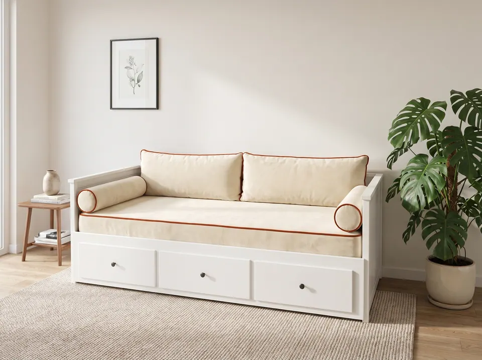 Front view of a white Hemnes daybed in cream velvet with burnt-orange piping, bolsters at both arms, monstera and sketch