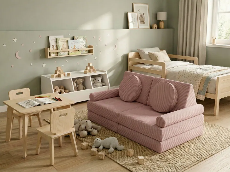 Blush pink corduroy kids play couch with round pillows and bolster arms on a jute rug next to a pine toddler bed