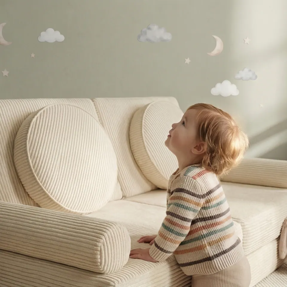 Close view of ivory corduroy round pillows and a bolster on a kids play sofa, toddler looking up at cloud wall decals