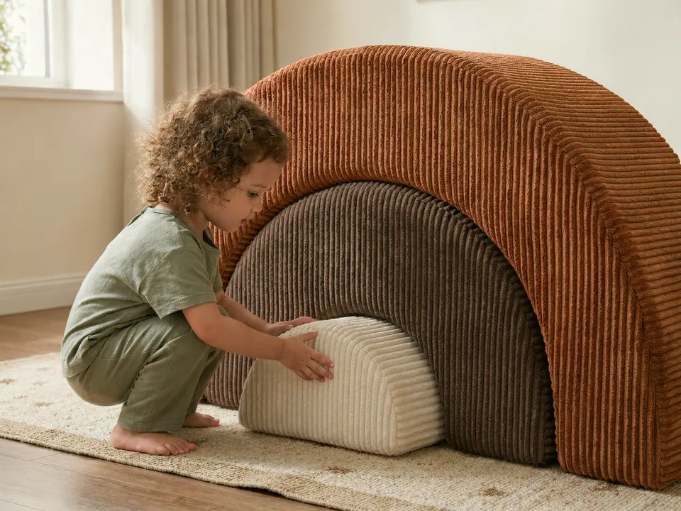 Toddler squatting beside a rust, espresso and cream corduroy nesting arch, sliding out the cream dome on a jute rug