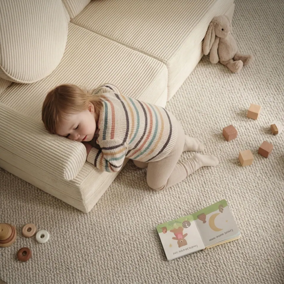 Overhead view of a toddler resting her head on the bolster arm of a cream corduroy floor sofa, blocks and a book nearby