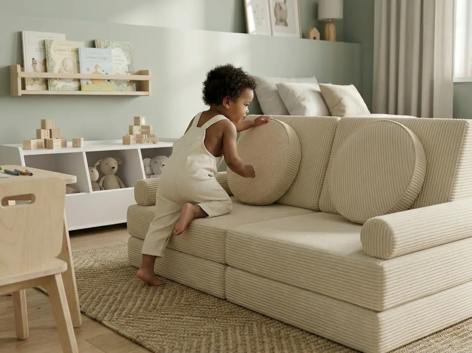 Toddler in cream overalls climbing onto a cream corduroy kids play sofa and pushing a round ribbed back pillow