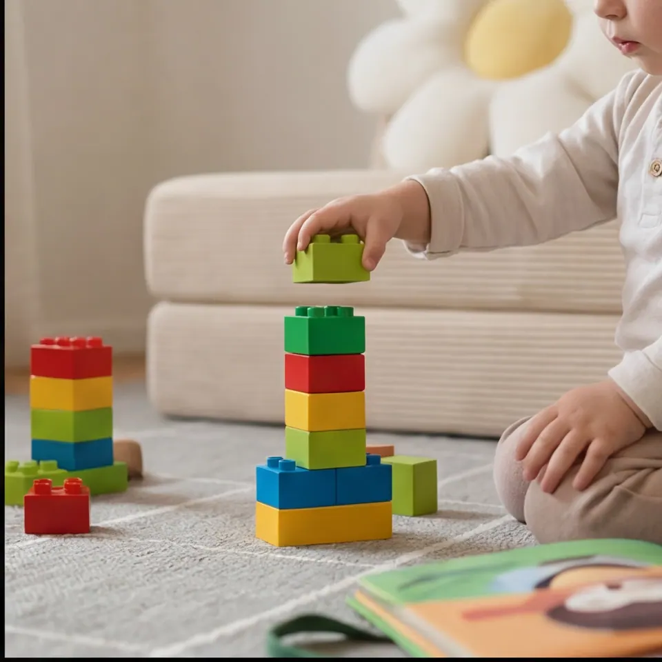 Close-up of a toddler's hands stacking colorful blocks on a rug, with a cream corduroy floor sofa softly blurred behind