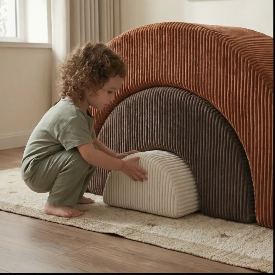 Curly-haired toddler squatting to slide a cream corduroy dome out of rust and espresso nesting arches on a jute rug