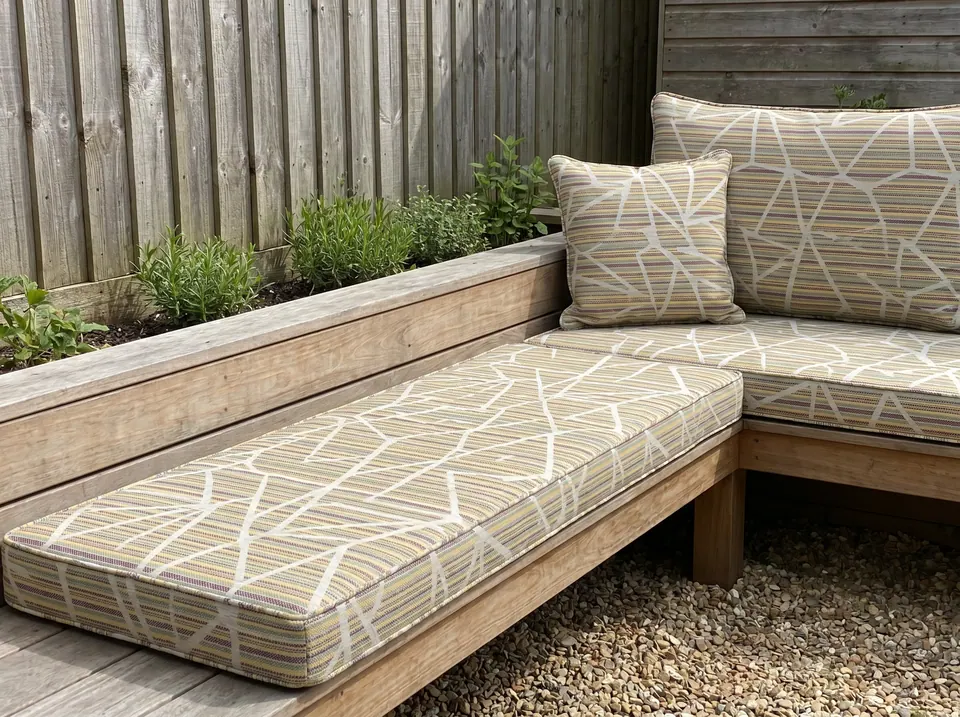 Sand and sage striped outdoor cushions with white branch lines on an L-shaped wooden garden bench beside herbs