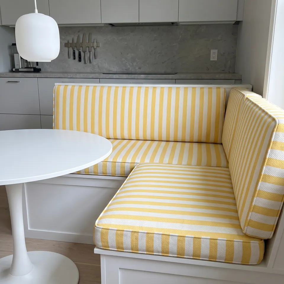 Buttercup yellow and white striped L-shaped banquette cushions on a white corner bench beside a white pedestal table