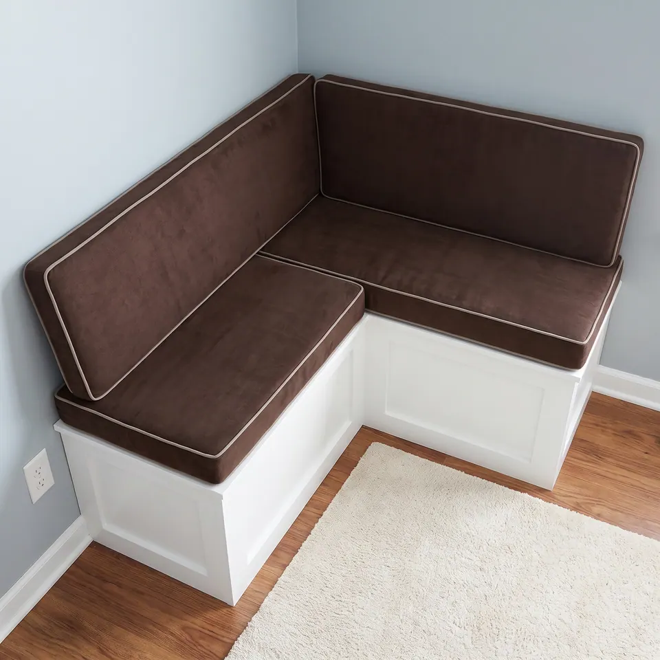 Chocolate brown suede-look L-shaped seat and back cushions with beige piping on a white corner storage bench