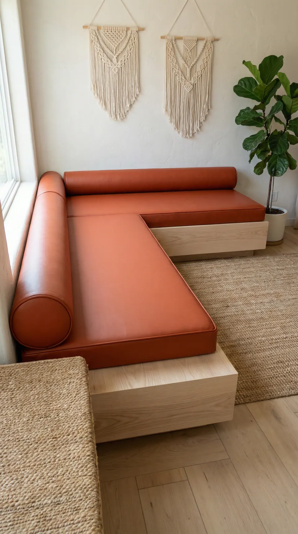 Cognac faux leather L-shaped bench cushions with two round bolsters on a pale ash base, macramé hangings and jute rug