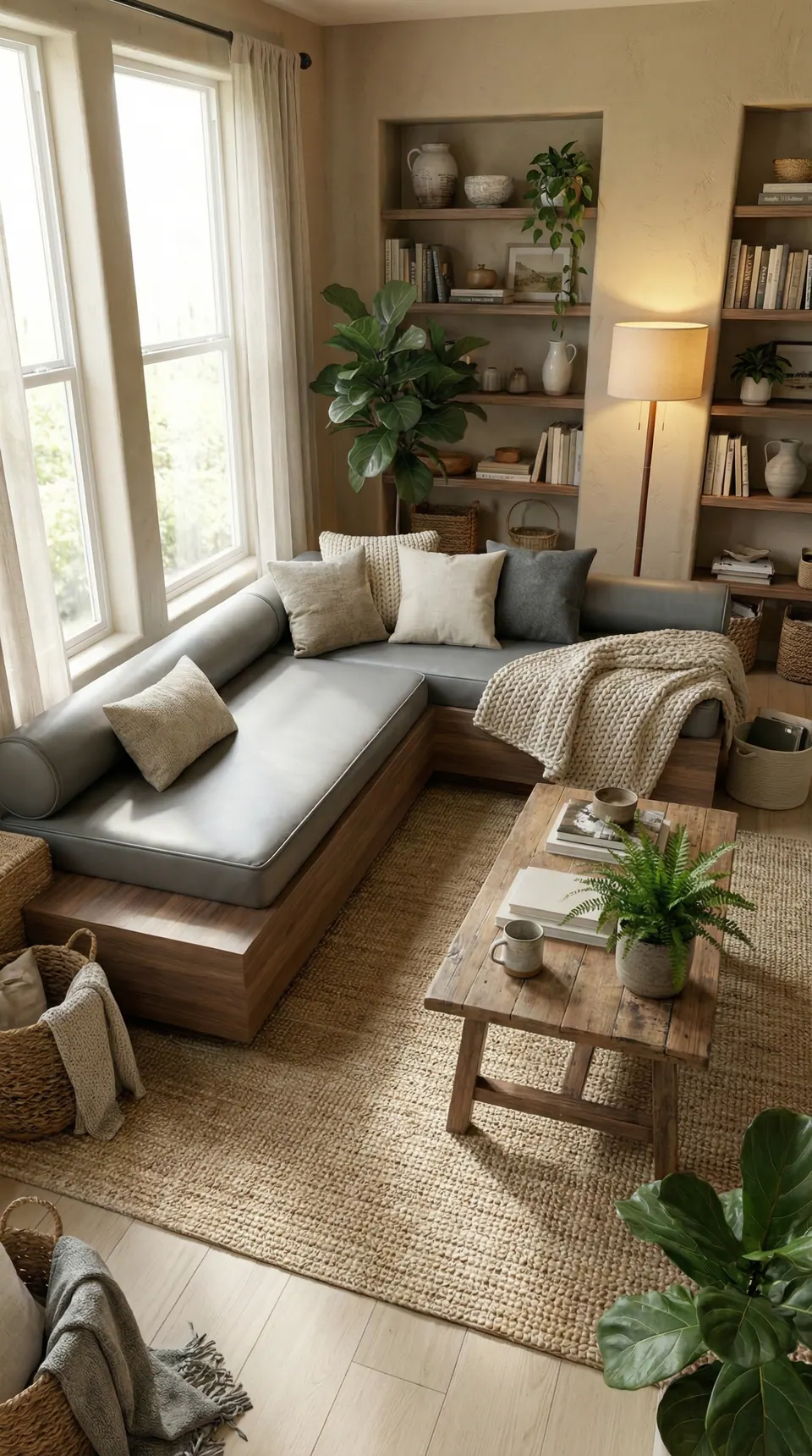 Dove gray faux leather L-shaped window bench cushion with bolster, cream pillows, cable-knit throw and rustic coffee table