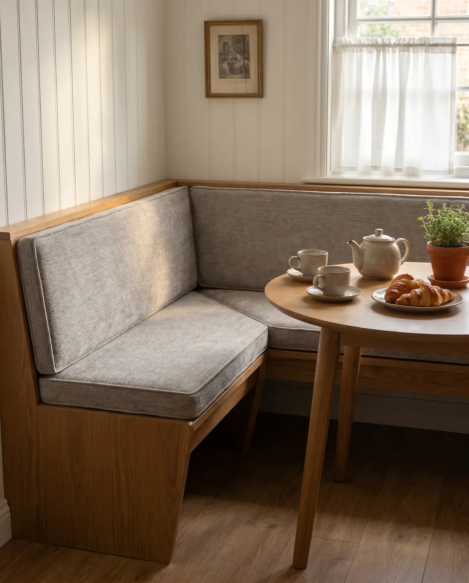 Dove gray chenille seat and back cushions on an oak L-shaped corner banquette with teapot and croissants on a round table