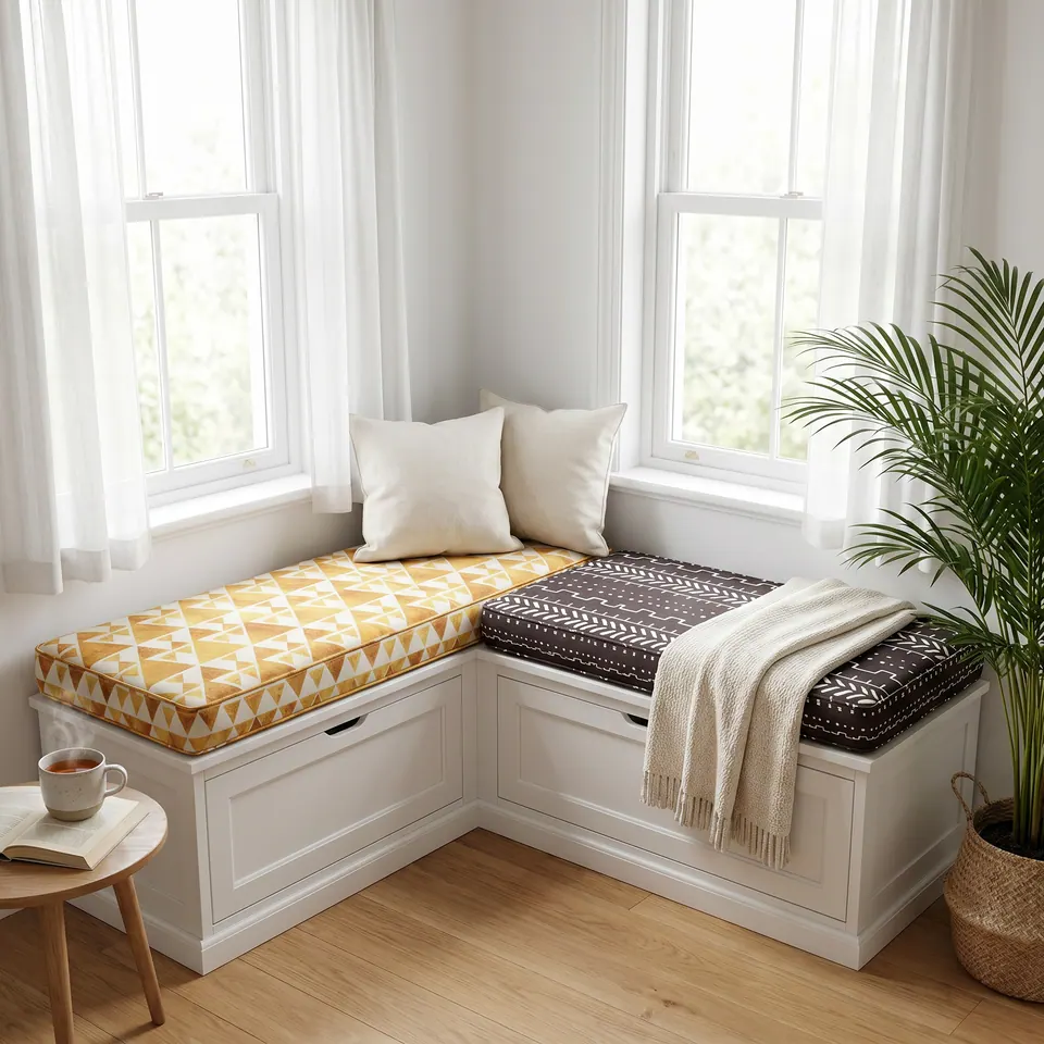 L-shaped corner window seat with a mustard triangle print cushion and a brown mudcloth print cushion, cream pillows and throw