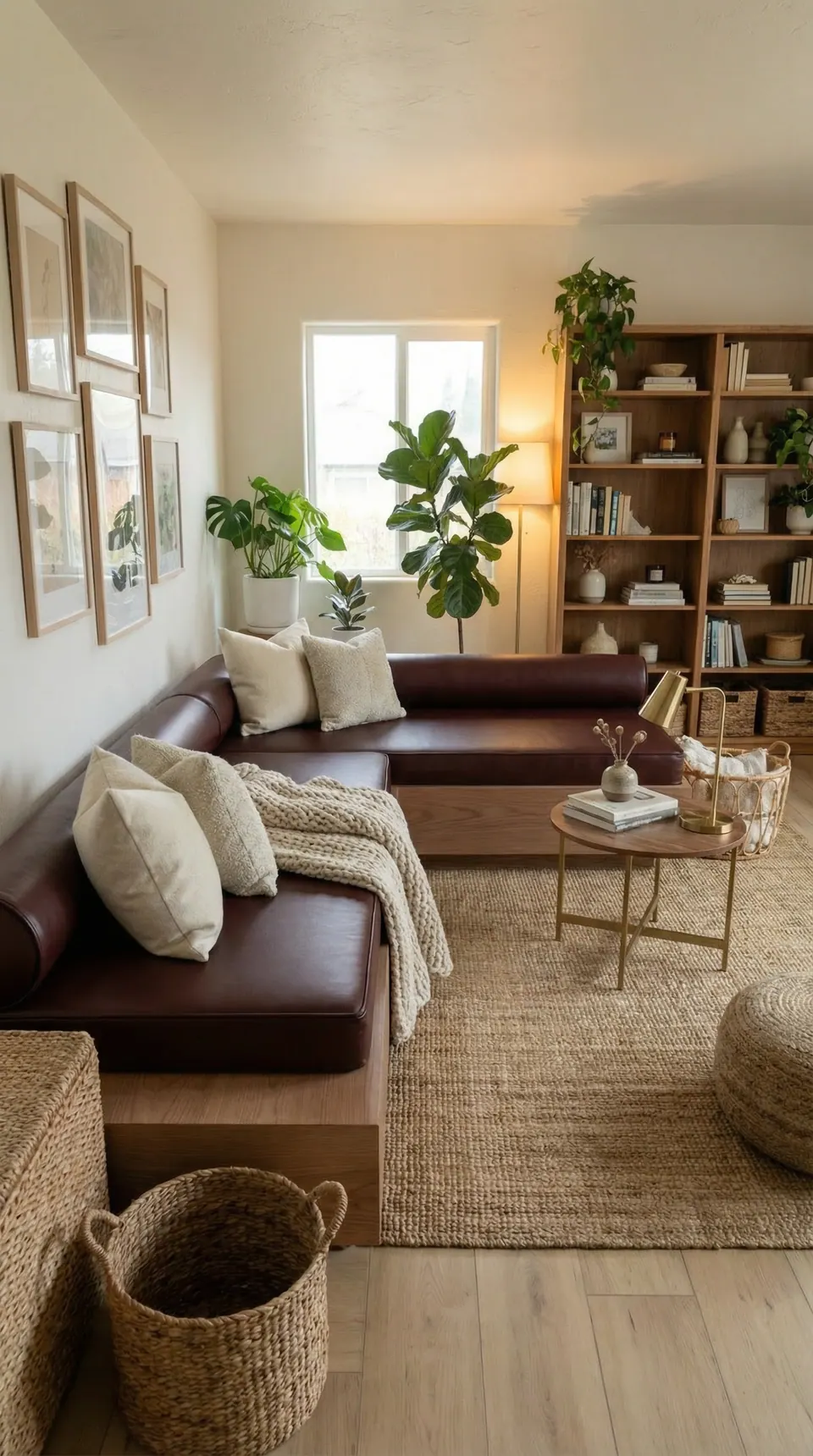 Oxblood brown faux leather L-shaped corner bench cushions with cream pillows and knit throw beneath a botanical gallery wall