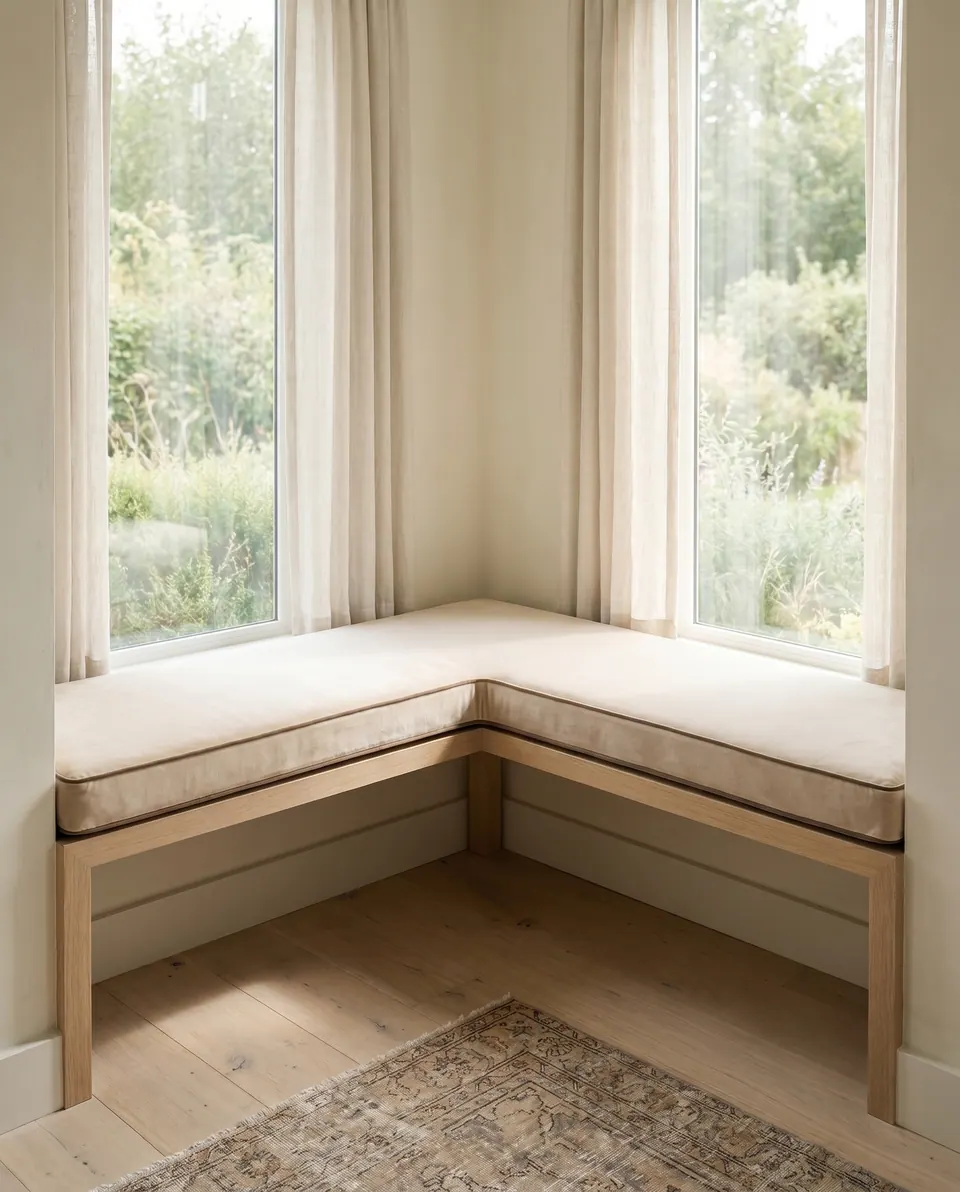Pinned: Sand velvet L-shaped cushion on a light oak corner bench between two tall windows with sheer linen curtains