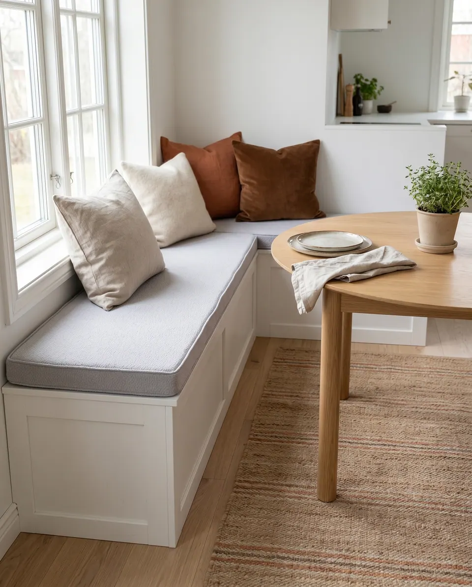 Silver-gray pet-friendly L-shaped banquette cushion on white storage benches with rust and cream pillows by an oak table