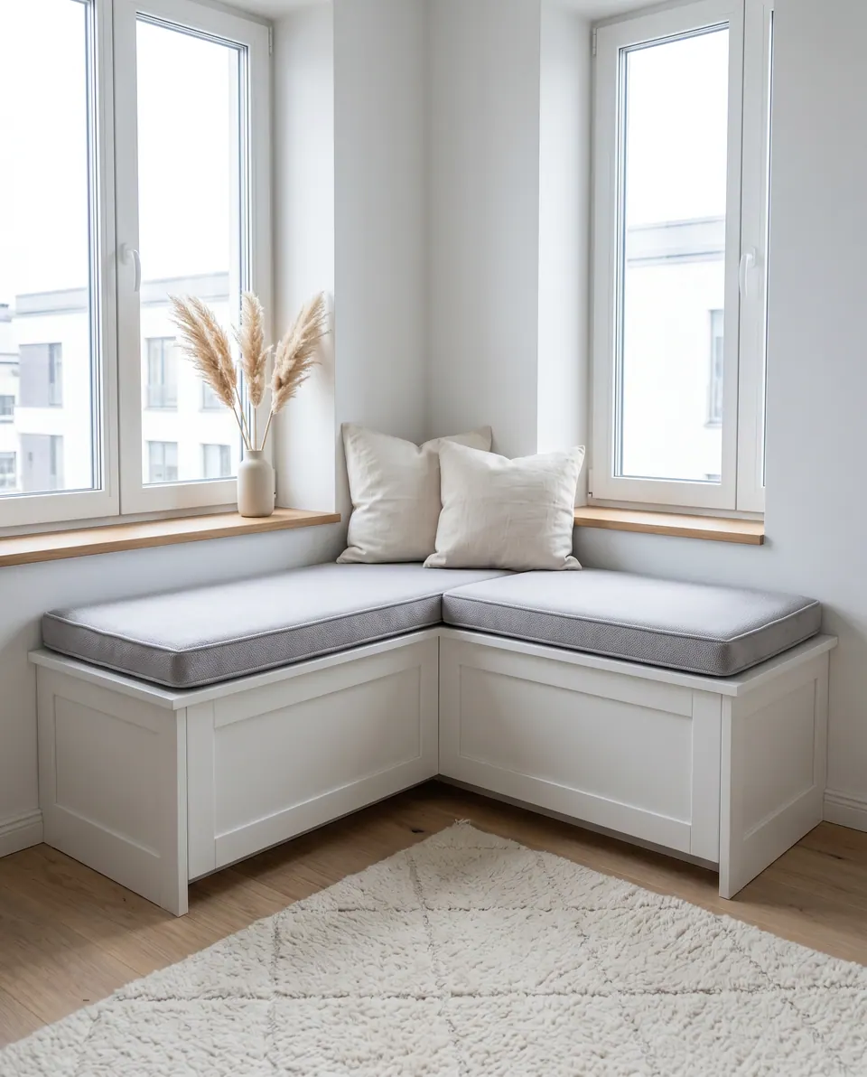 Silver-gray L-shaped window seat cushions on white storage benches in a bright corner with ivory pillows and pampas grass