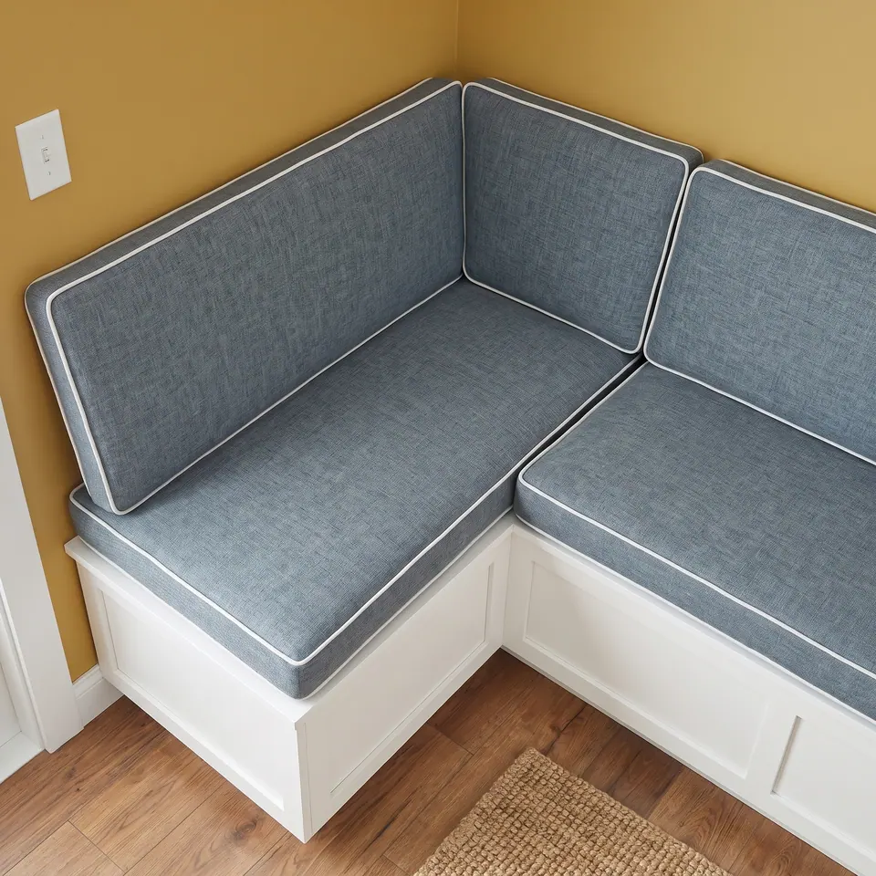 Overhead view of slate blue linen-look L-shaped seat and back cushions with white piping on white corner storage benches