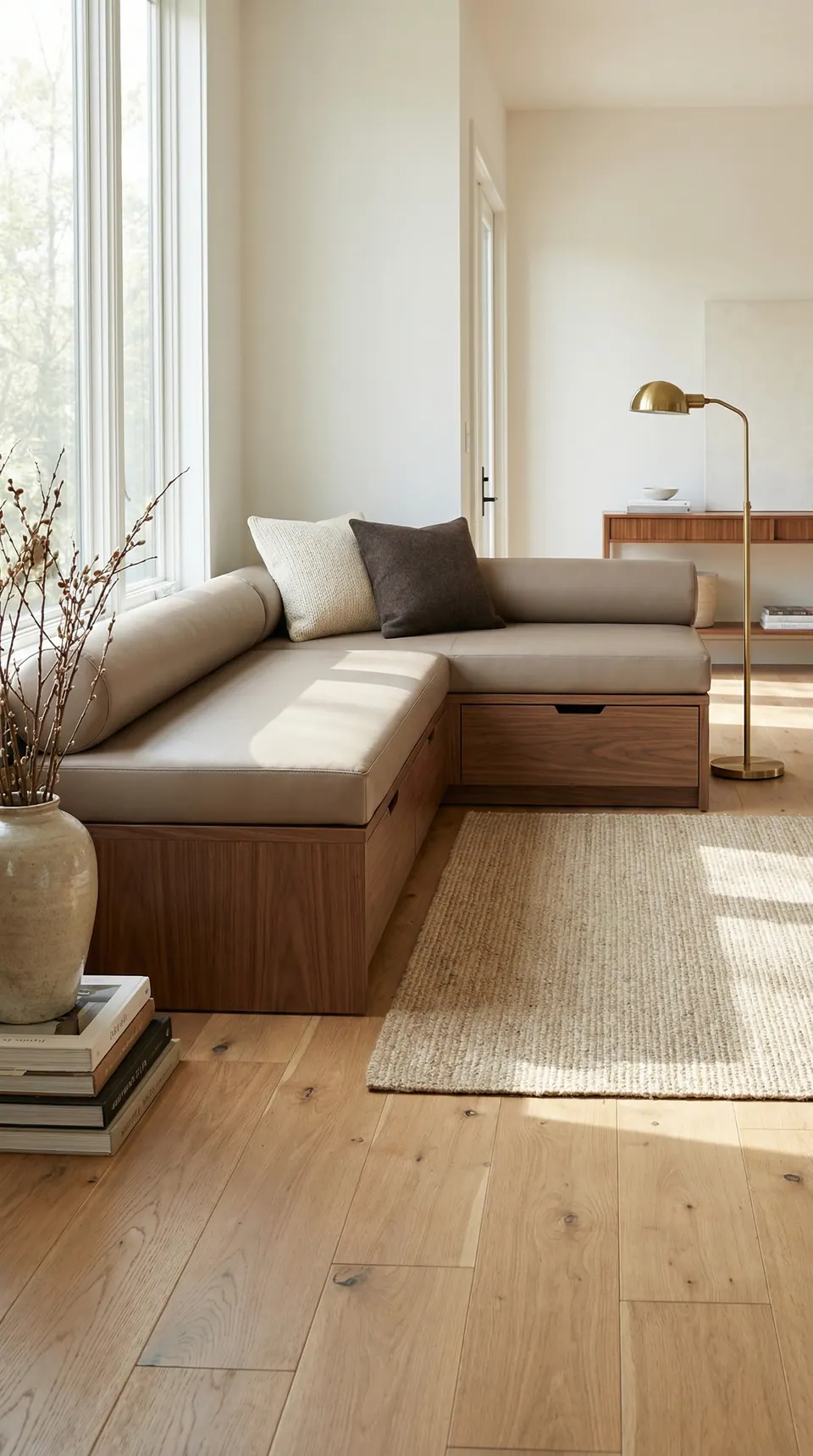 Taupe faux leather L-shaped corner bench cushions with long bolsters on a walnut storage bench under tall windows