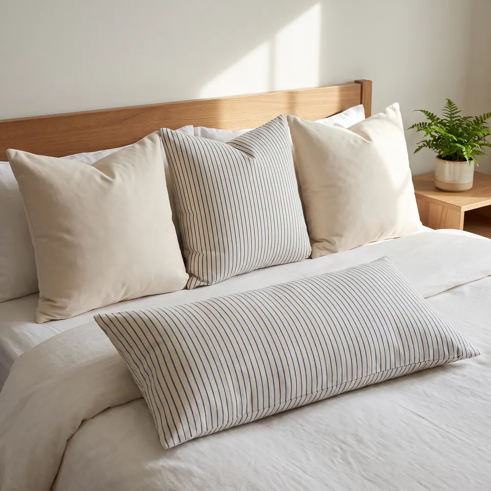 Cream and blue pinstripe lumbar pillow with matching square and cream shams on a white bed, oak headboard, fern