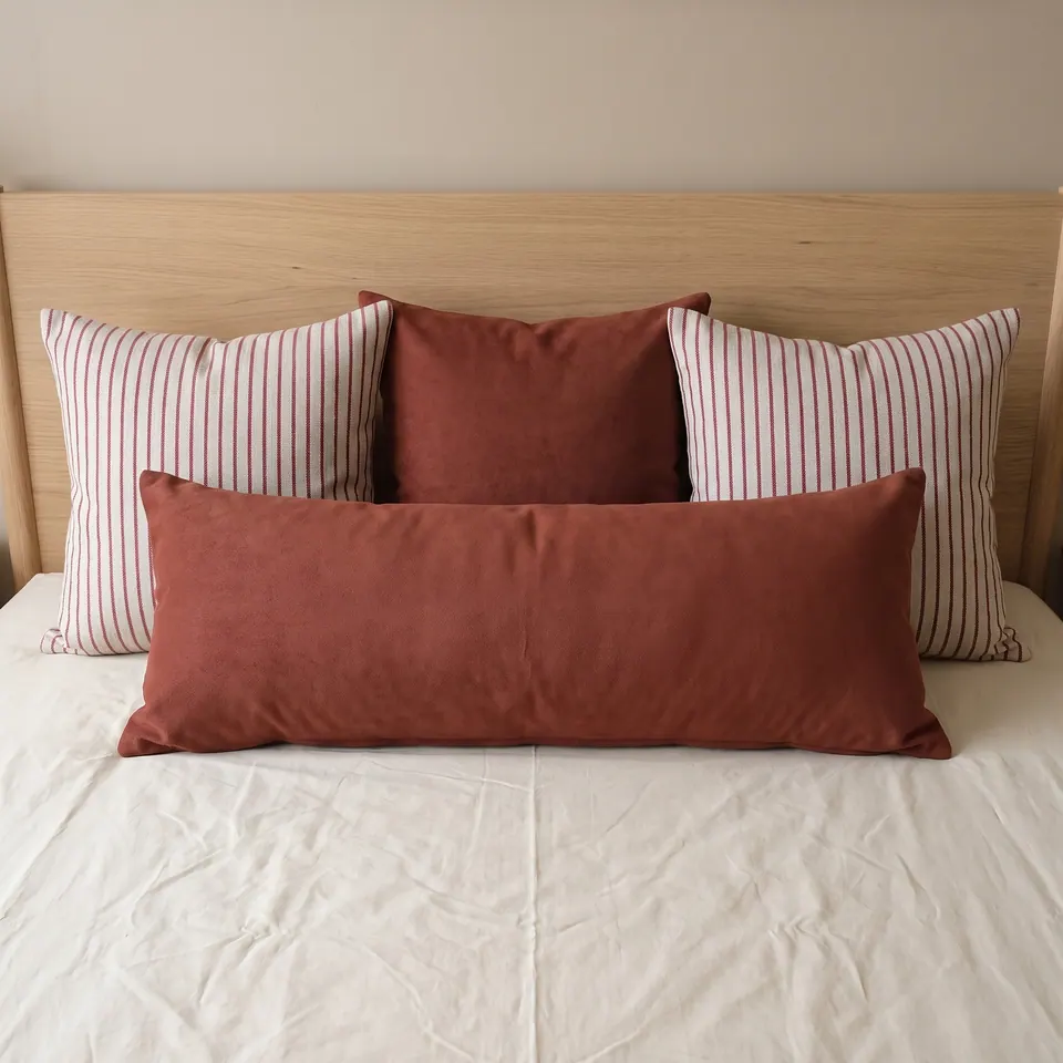 Brick red lumbar pillow and square flanked by red pinstripe squares on white sheets, pale oak headboard, front view