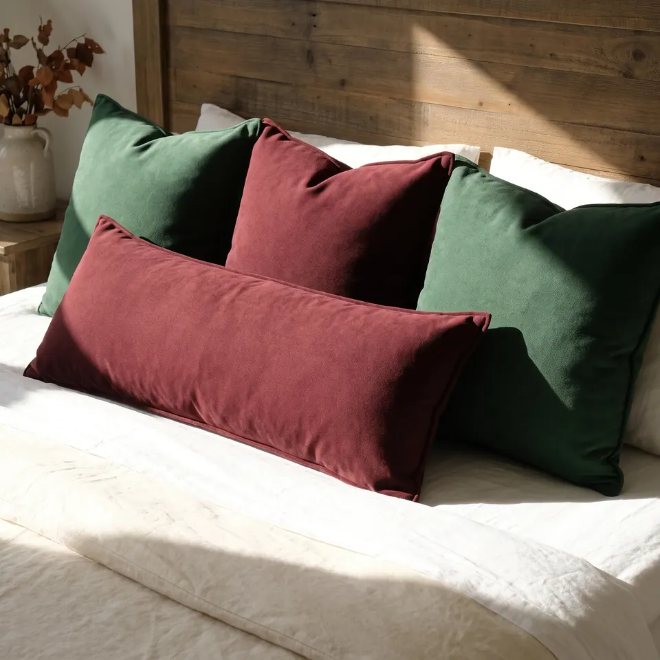 Burgundy lumbar pillow with self piping and forest green piped shams against a reclaimed wood plank headboard