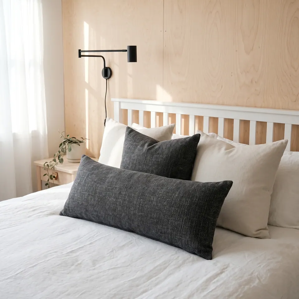 Charcoal linen-look lumbar pillow with visible slub on a white bed, birch plywood wall and black swing-arm lamp