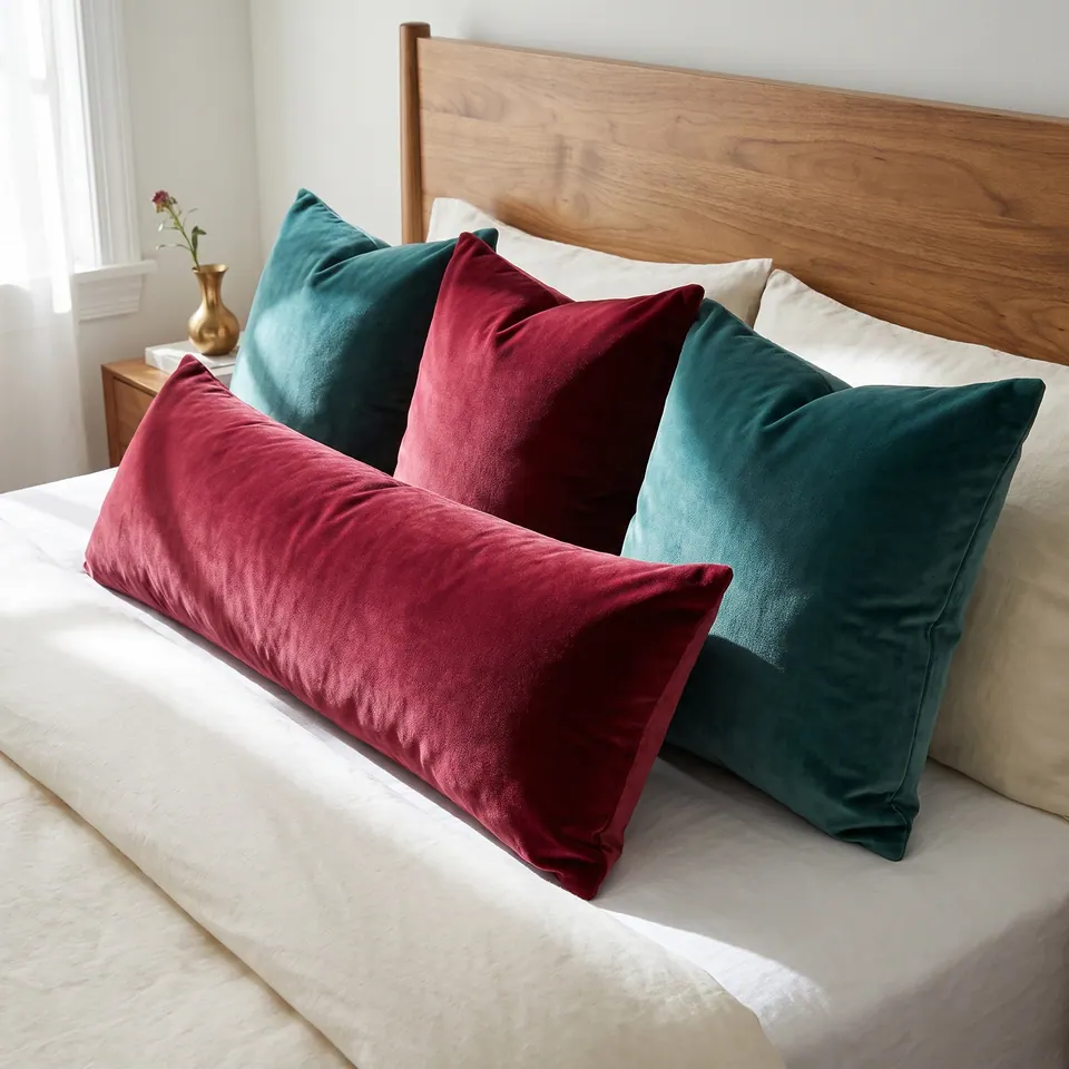 Cranberry velvet lumbar pillow angled across a cream bed with deep teal velvet shams and walnut headboard