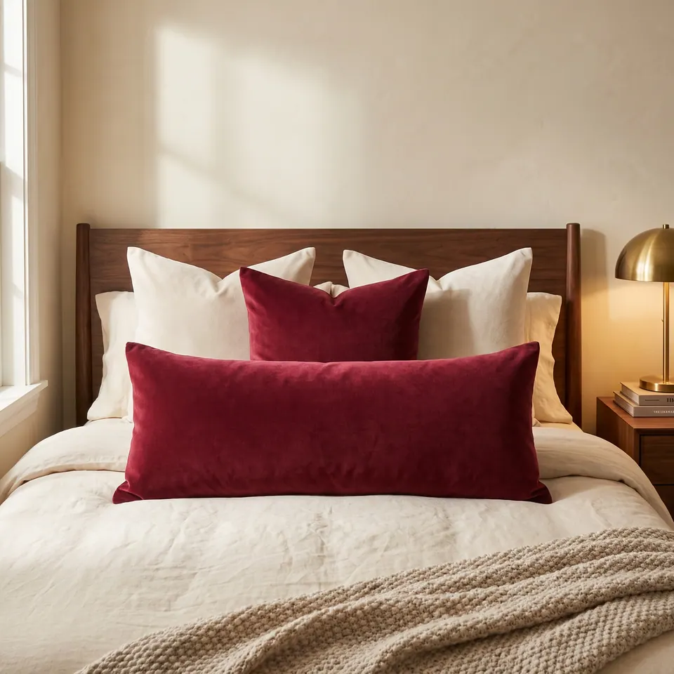 Cranberry velvet lumbar pillow with matching square on cream linen, walnut headboard, brass lamp and knit throw
