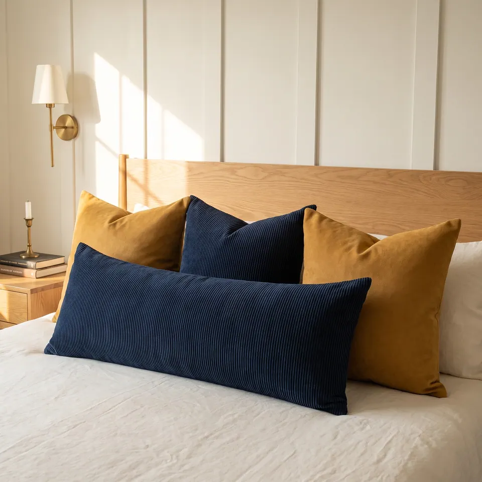 Navy corduroy lumbar pillow and square between mustard shams on a white bed, oak headboard, board-and-batten wall
