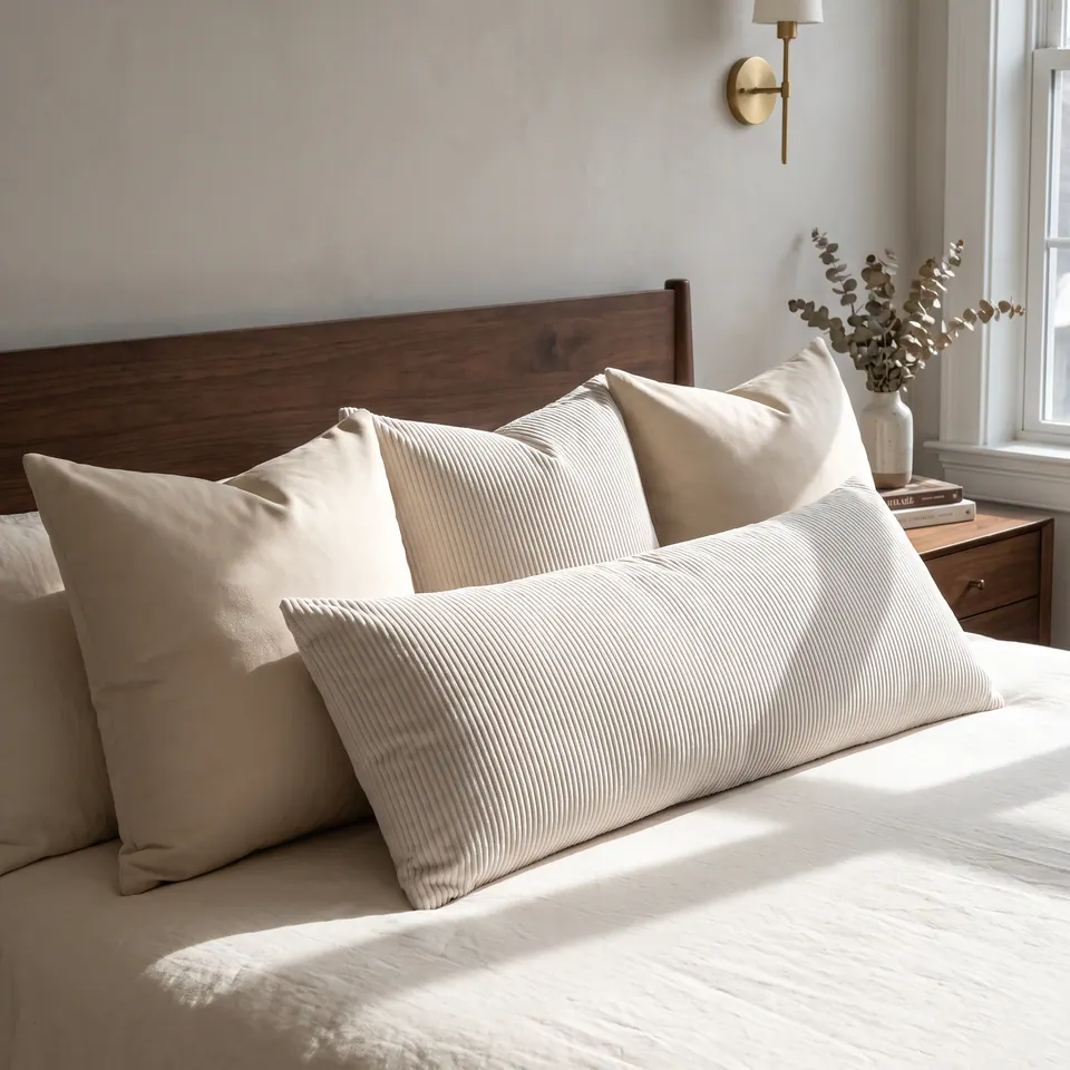 Off-white fine-wale corduroy lumbar pillow with cream shams on a white bed, walnut headboard and eucalyptus