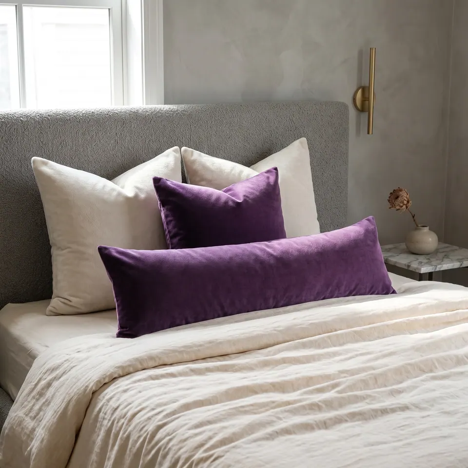 Purple velvet lumbar pillow with matching square in front of cream shams on a gray bouclé headboard bed