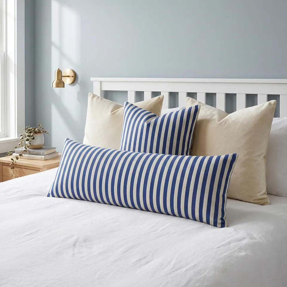 Royal blue and cream vertical-stripe lumbar pillow with matching square on a white bed against a powder blue wall