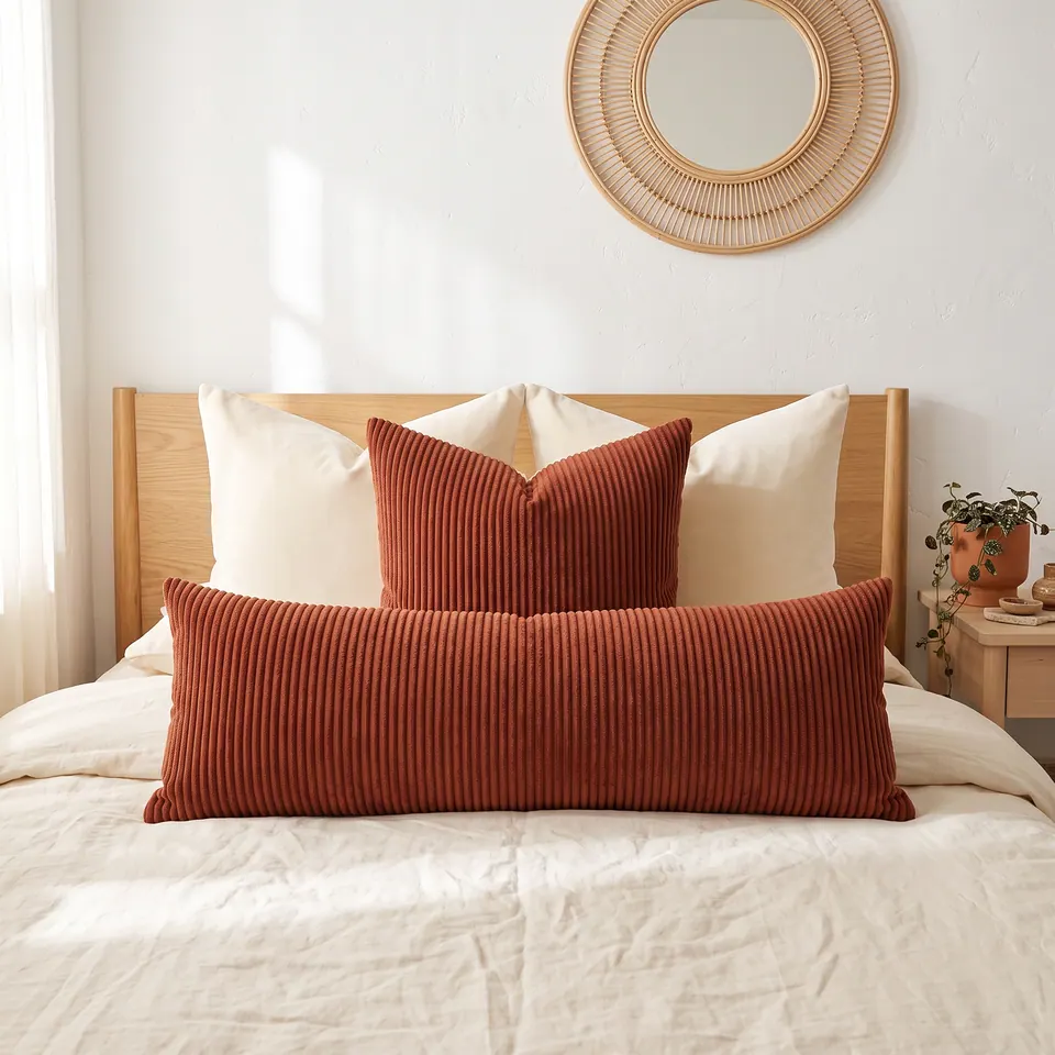 Rust corduroy lumbar and square pillow centered on a cream bed with oak headboard and rattan sunburst mirror