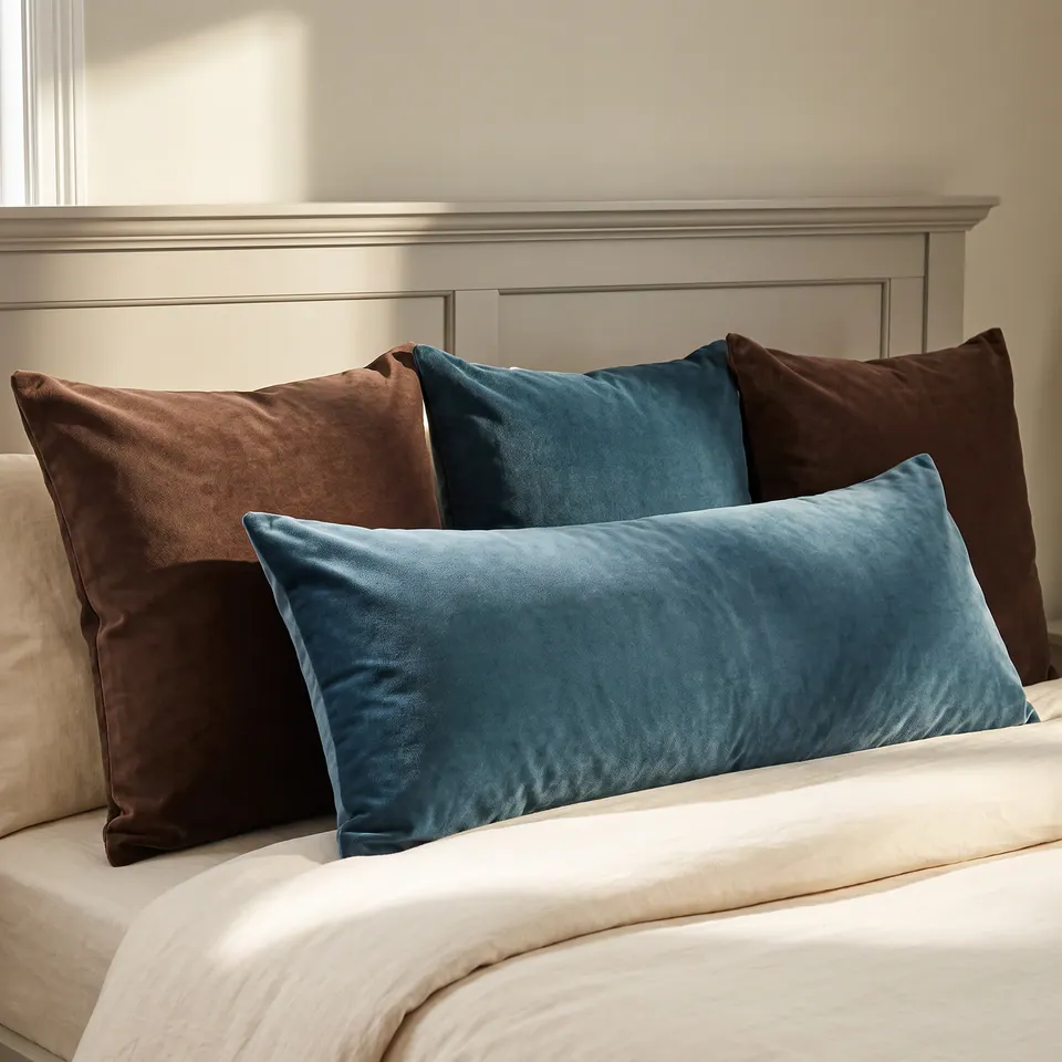 Steel teal velvet lumbar pillow and square between chocolate brown velvet shams on a greige panel headboard bed