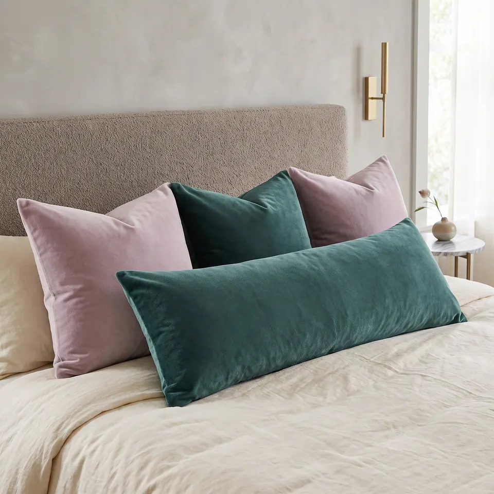 Deep teal velvet lumbar pillow before blush mauve velvet shams on a cream bed with a taupe bouclé headboard