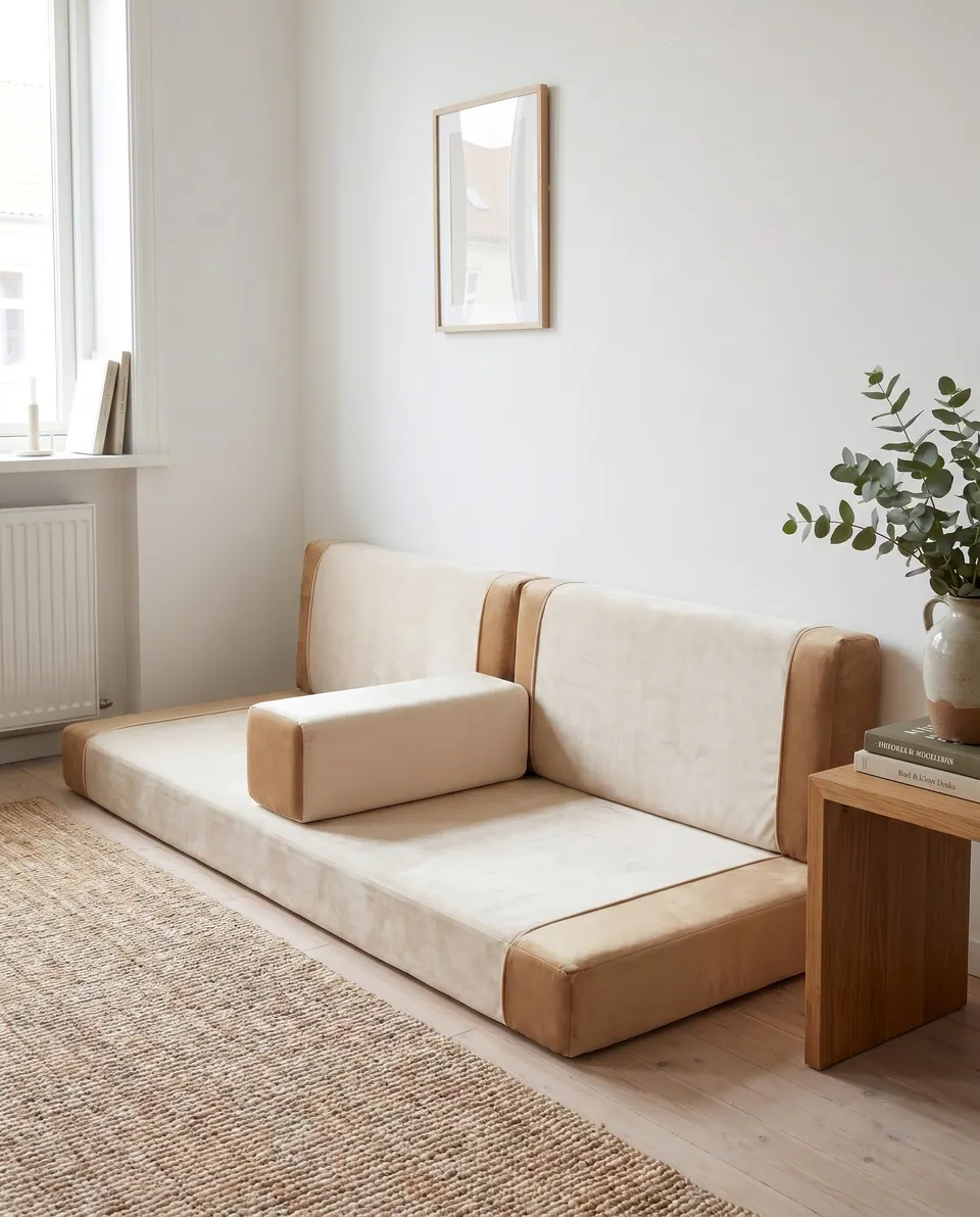 Cream velvet floor sofa with camel end panels in a white room with a radiator, framed print, oak side table and jute rug